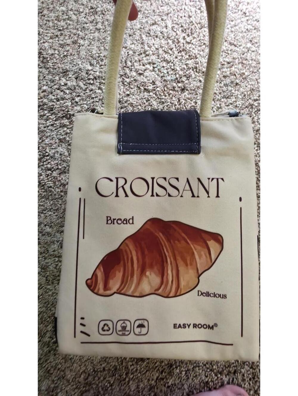 Croissant Bread Print Novelty Insulated Tote Bag with Charm - Picture 2 of 9